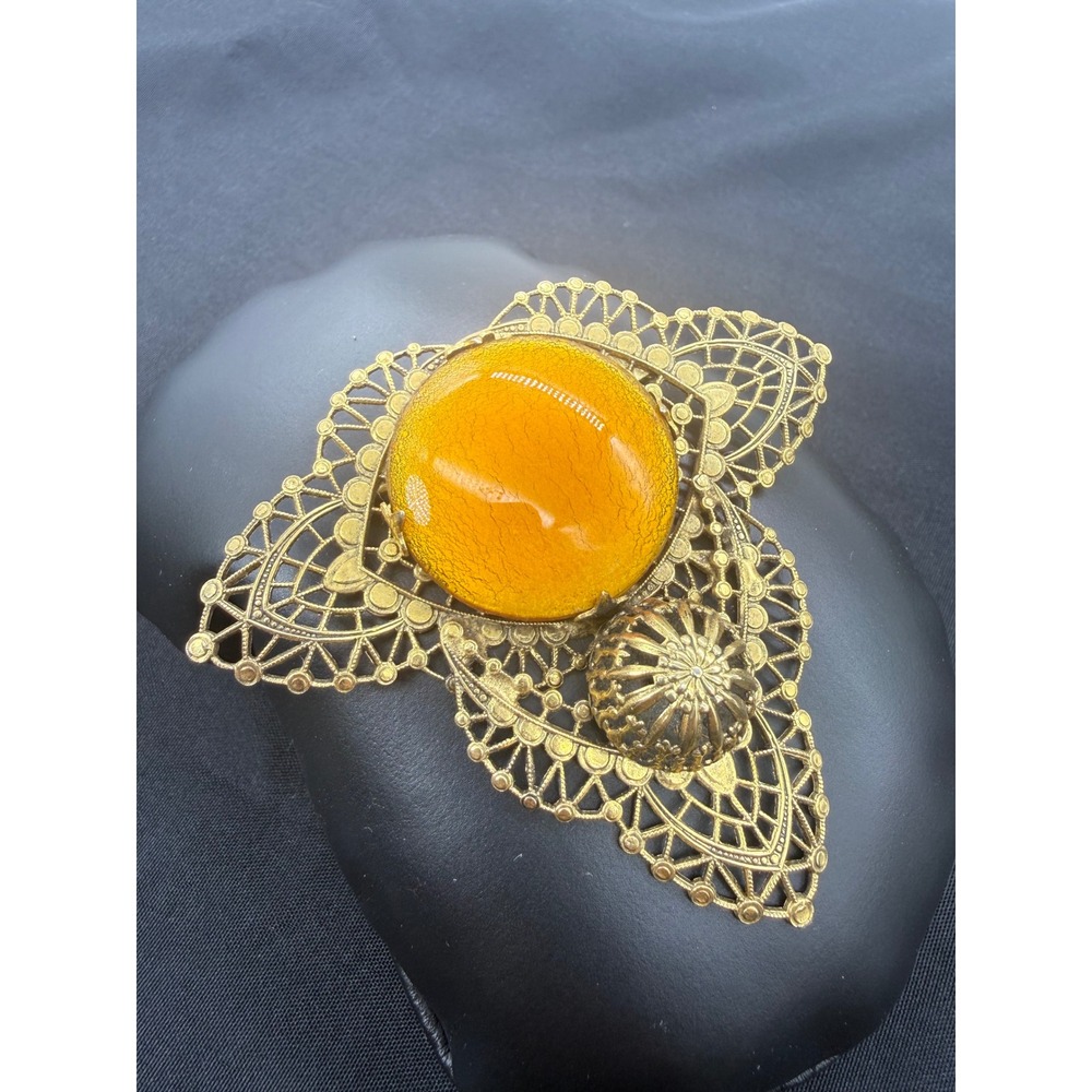 Vintage Ornate Nouveau Filigree Brooch Pin Amber Crackle Glass Cabochon Gift